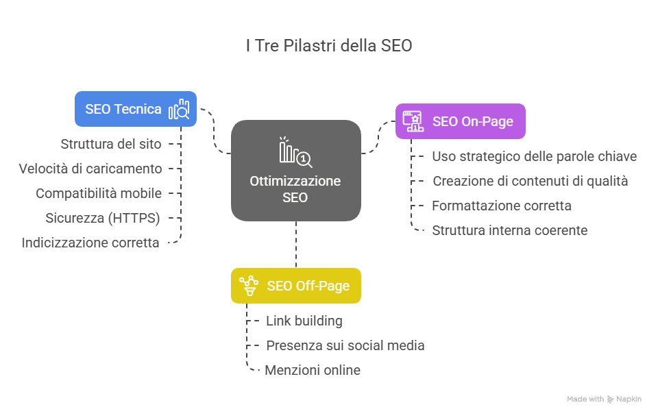 Grafico sui tre pilastri dell'ottimizzazione SEO